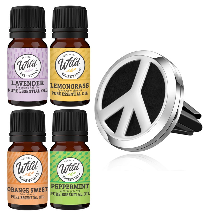 Wild Essentials Peace Sign Essential Oil Car Vent Diffuser Kit Lavender Lemongrass Peppermint Orange Oils Stainless Steel Locket Pendant 8 Refill Pads Customizable Color Changing Air Freshener
