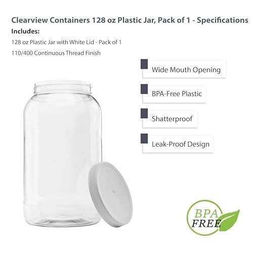 CLEARVIEW CONTAINERS Plastic Storage Shatter Proof Jars with Leak Proof Lids, BPA Free, Hand Wash Only (128oz, 1PK White) - Image 4