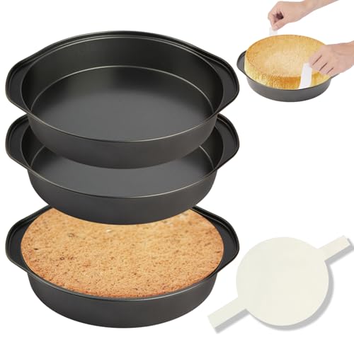 tutikuki 8 Round Cake Pan 3PCS Nonstick Cake Pans with 100 PCS Parchment Paper Carbon Steel Cake Baking Pans with Handle Dishwasher Safe - Image 1