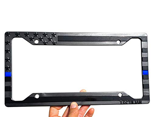 TACTILIAN American Flag License Plate Frame - Subdued 3D Embossed USA Flag in Black Gloss on Matte Finish for Car, Truck or SUV (Thin Blue Line) - Image 1