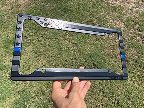TACTILIAN American Flag License Plate Frame - Subdued 3D Embossed USA Flag in Black Gloss on Matte Finish for Car, Truck or SUV (Thin Blue Line) - Image 3