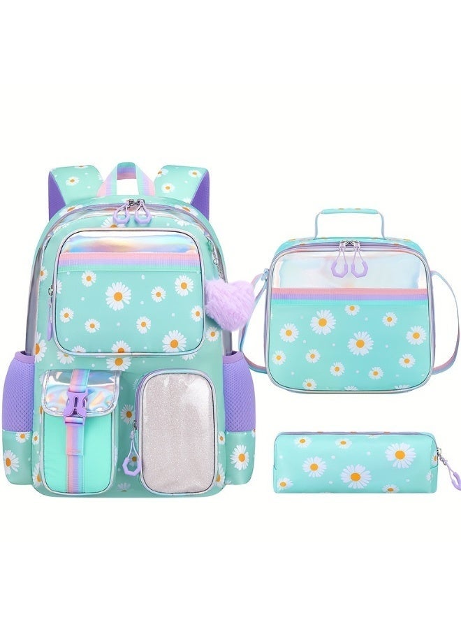 3PCS Girls School Backpack Daisy 8-12 Years  Waterproof Lightweight Breathable Large Capacity - Image 1