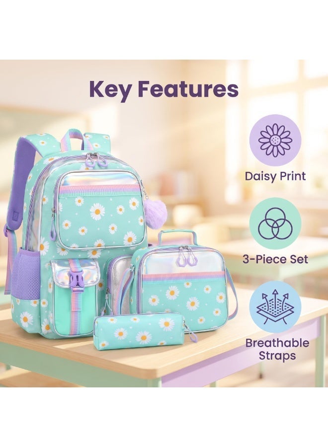 3PCS Girls School Backpack Daisy 8-12 Years  Waterproof Lightweight Breathable Large Capacity - Image 2