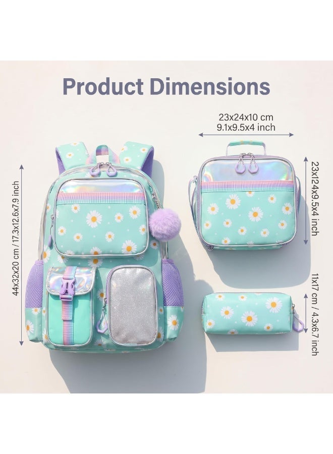 3PCS Girls School Backpack Daisy 8-12 Years  Waterproof Lightweight Breathable Large Capacity - Image 3