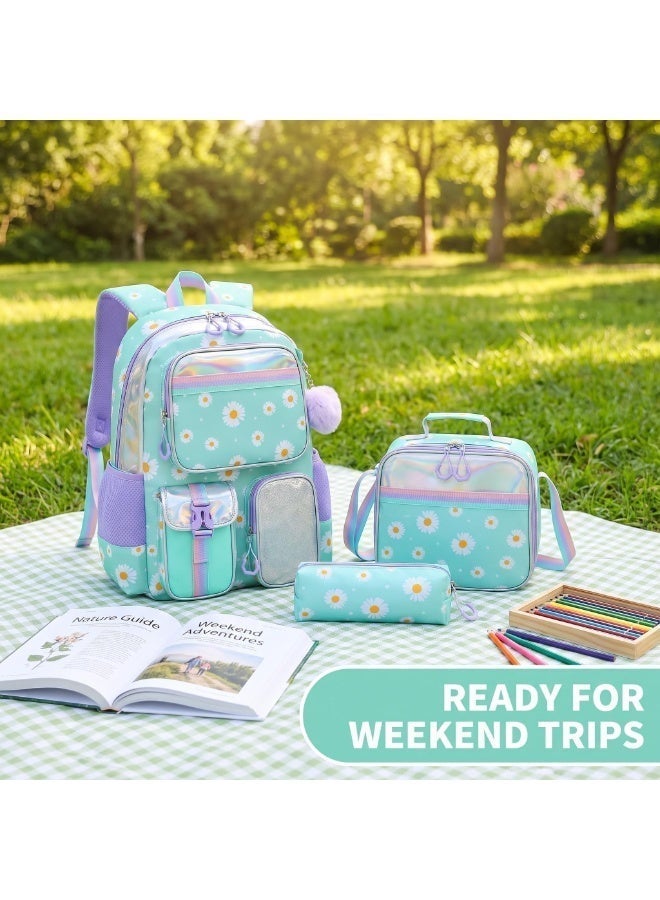 3PCS Girls School Backpack Daisy 8-12 Years  Waterproof Lightweight Breathable Large Capacity - Image 4