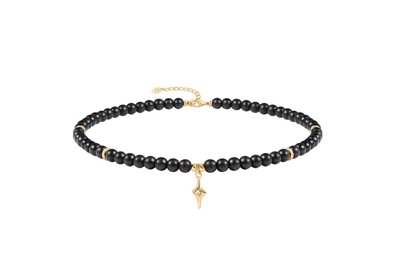 PEARLADA Black Beaded Choker Necklace for Women, Chakra Black Onyx Necklace, 18k Gold Star Charm Pendant Necklace - Image 1