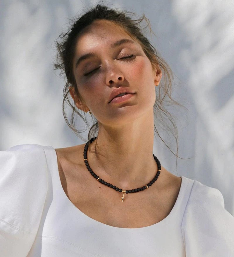 PEARLADA Black Beaded Choker Necklace for Women, Chakra Black Onyx Necklace, 18k Gold Star Charm Pendant Necklace - Image 5