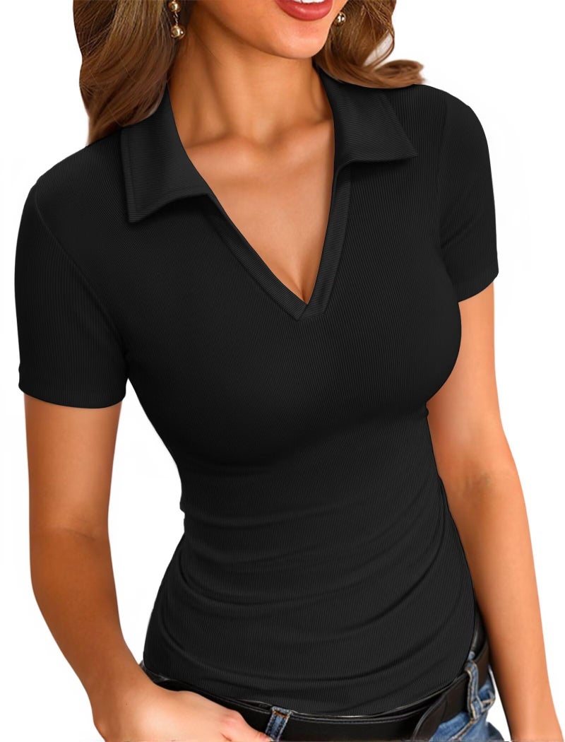 VICHYIE Womens Short Sleeve Shirts Collared V Neck Slim Fitted Summer Ribbed Knit Tshirt Polo Tops Black L - Image 1