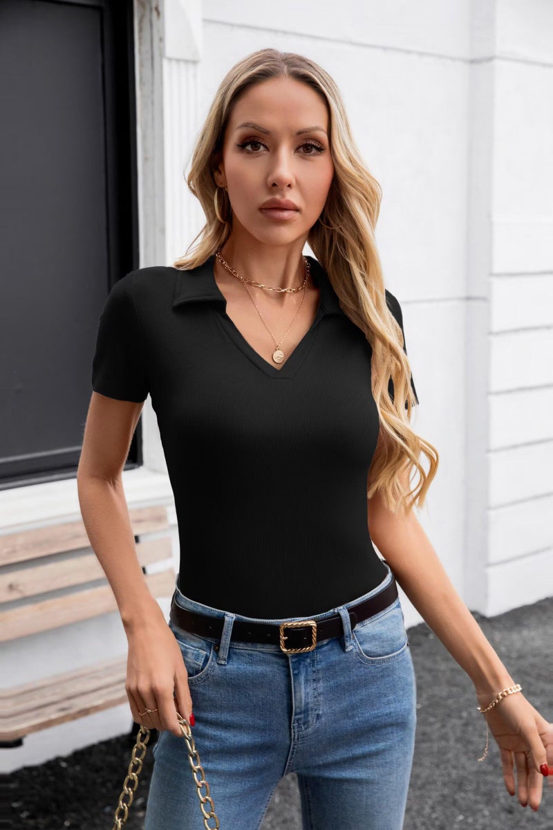 VICHYIE Womens Short Sleeve Shirts Collared V Neck Slim Fitted Summer Ribbed Knit Tshirt Polo Tops Black L - Image 3