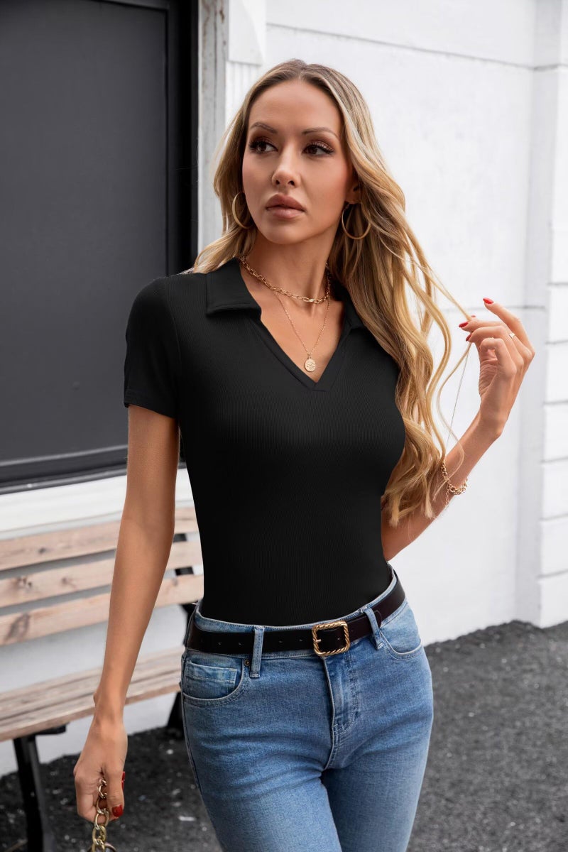 VICHYIE Womens Short Sleeve Shirts Collared V Neck Slim Fitted Summer Ribbed Knit Tshirt Polo Tops Black L - Image 4
