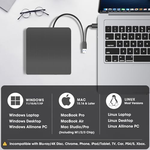 ROOFULL External CD DVD +/-RW Drive for Laptop Mac, USB 3.0 & USB-C CD DVD Disc Reader Writer Burner CD-ROM Portable DVD Player with Carrying Case for Windows 11/10 PC MacBook Pro Linux Computer - Image 4