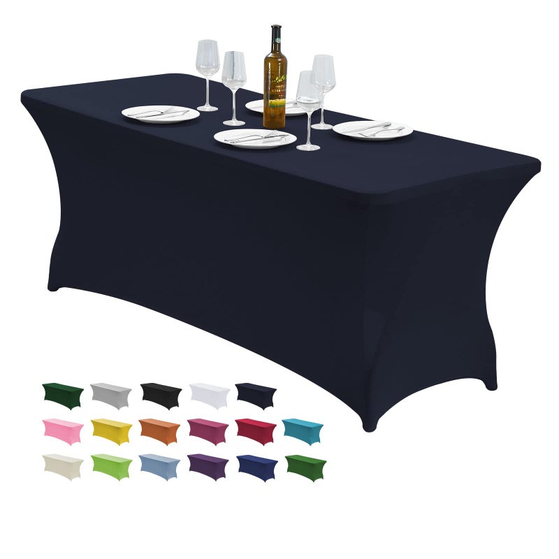 CWK 6FT Waterproof Stretch Spandex Table Cover for Rectangular Tables Elastic Fitted Tablecloth for Folding TablesWrinkle Resistant Table Cloth for Parties Weddings Banquets Events Navy Blue