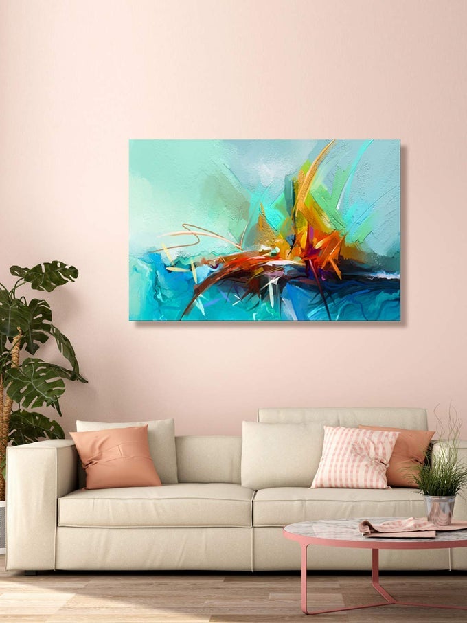 WOODEN STRETCHED FRAMED CANVAS PAINTING WALL PAINTINGS FOR LIVING ROOM ABSTRACT STYLISH MODERN WALL ART HALL DECORATION ITEMS SKY BLUE ABSTRACT FRAMES STYLISH DCOR HOME HANGING CANVAS 18X30 INCHES STRECTCHED CANVAS FLP18300032