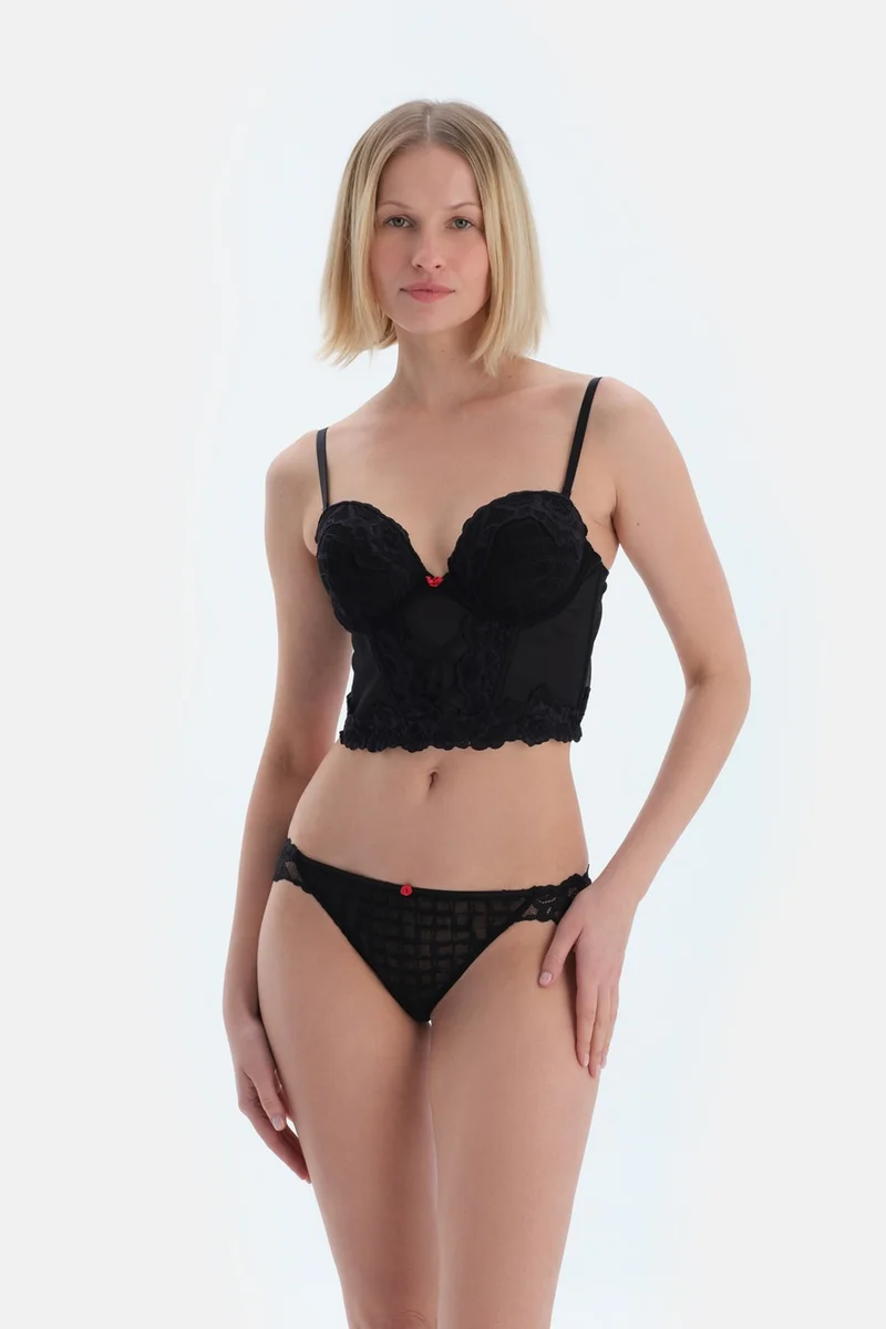 داجي Black Front Zigzag and Accessory Detailed Lace and Tulle Bustier