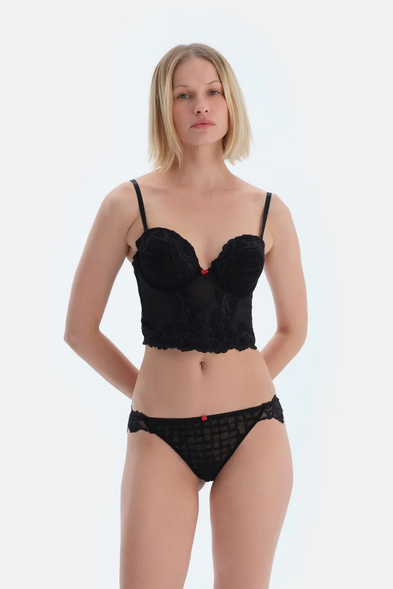 داجي Black Front Zigzag and Accessory Detailed Lace and Tulle Bustier