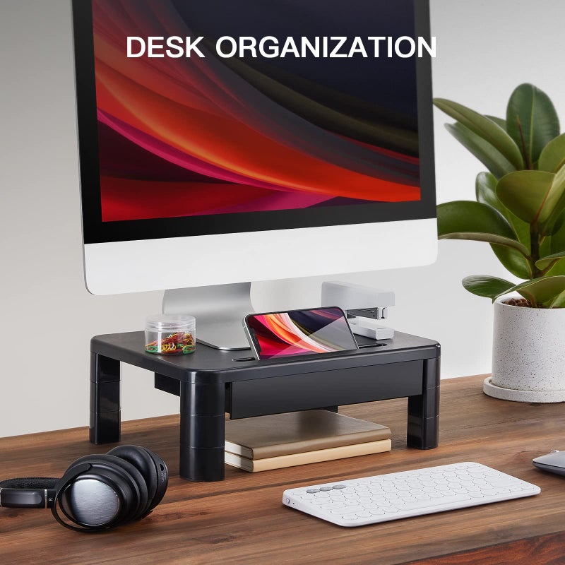 LORYERGO Monitor Stand with Drawer, Height-Adjustable Screen Stand with Mobile Phone Holder, Laptop Stand, Desk Organiser with Extendable Drawer, Office Supplies for Computer, PC, Printer, iMac - Image 2