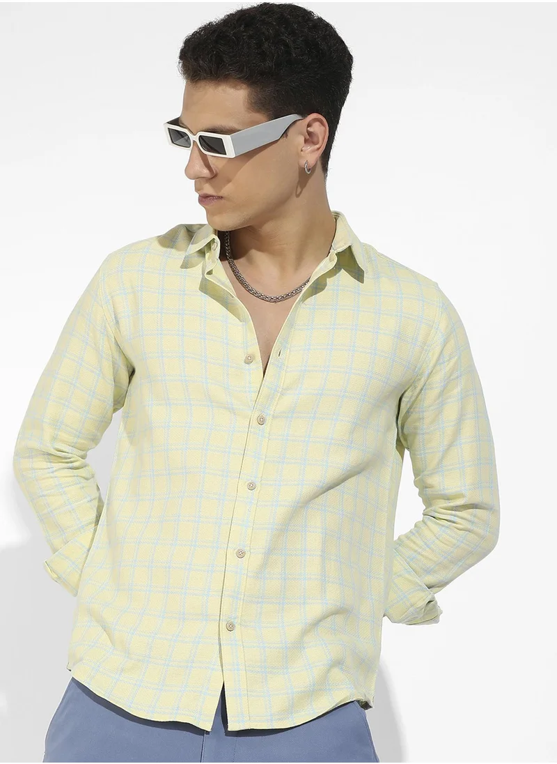 كامبوس سوترا Men's Lemon Yellow Tartan Plaid Shirt