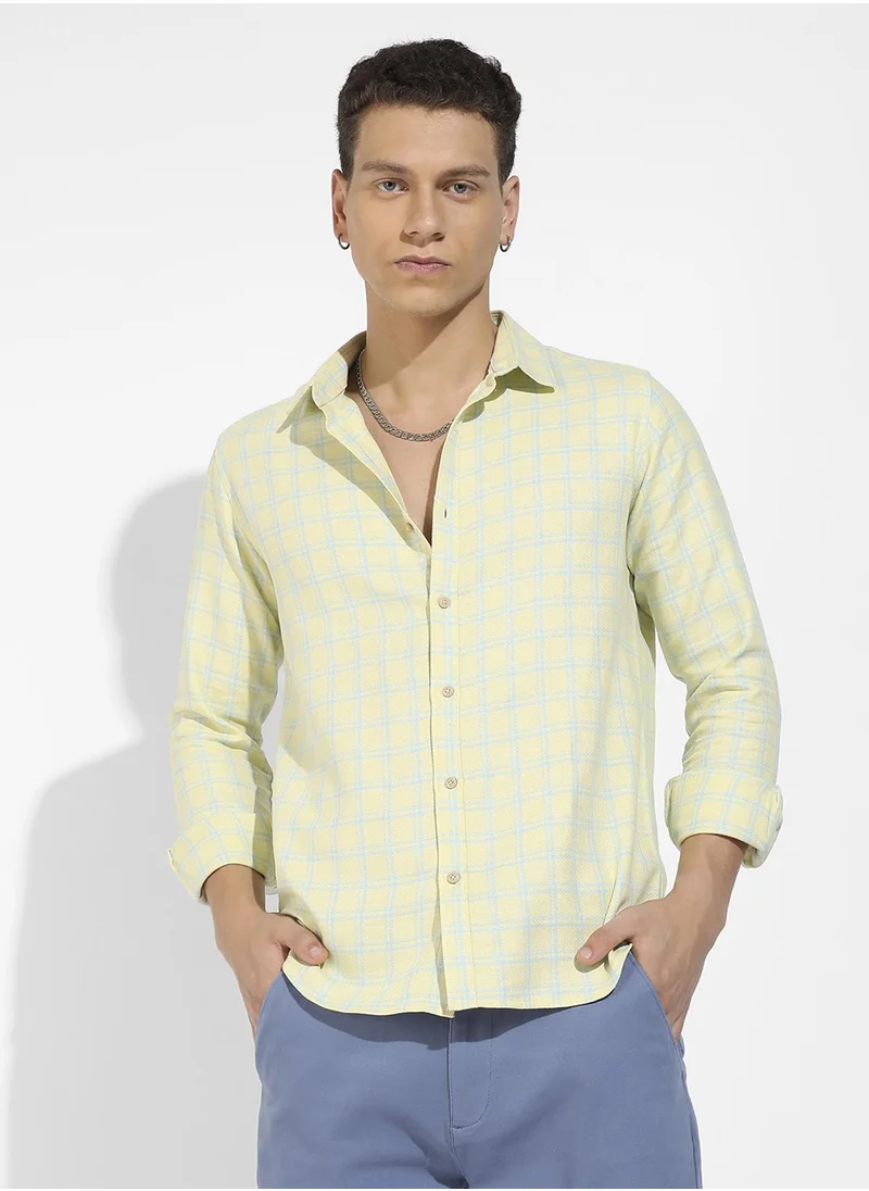 كامبوس سوترا Men's Lemon Yellow Tartan Plaid Shirt