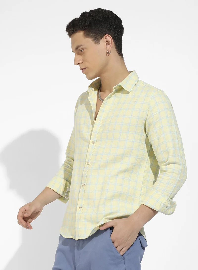 كامبوس سوترا Men's Lemon Yellow Tartan Plaid Shirt