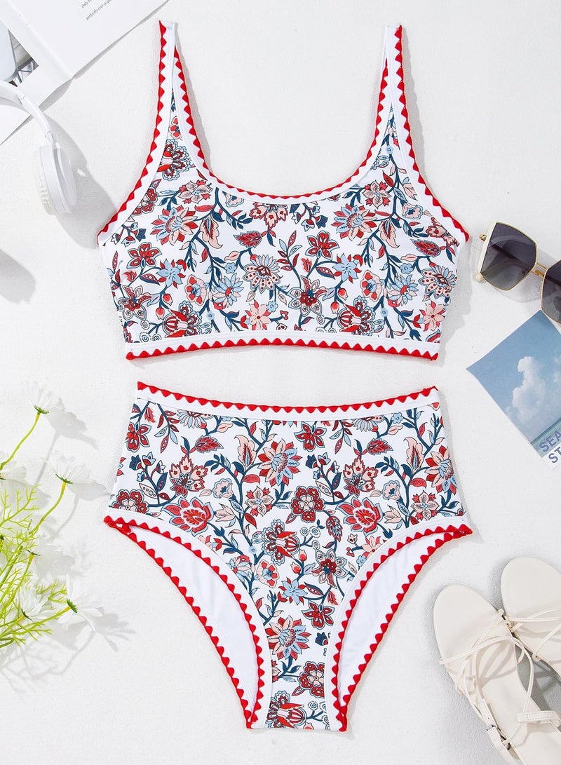 Herseas Women's Bikini Sets Floral Print Shell Stitch Swimsuits High Rise Scoop Stretchy Bathing Suits Modest Vacation Outfits Cruise Essentials 2026 Summer Small Red - Image 5