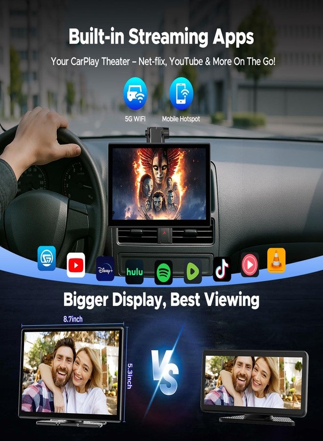 Volam 9‘’ Carplay Screen with Netflix YouTube and 1080P Backup Camera Upgraded Wireless Android Auto Screen Portable Video Streaming AI Box Built-in Apps Voice Control Car GPS for iOS 10+ Android 11+ - Image 2