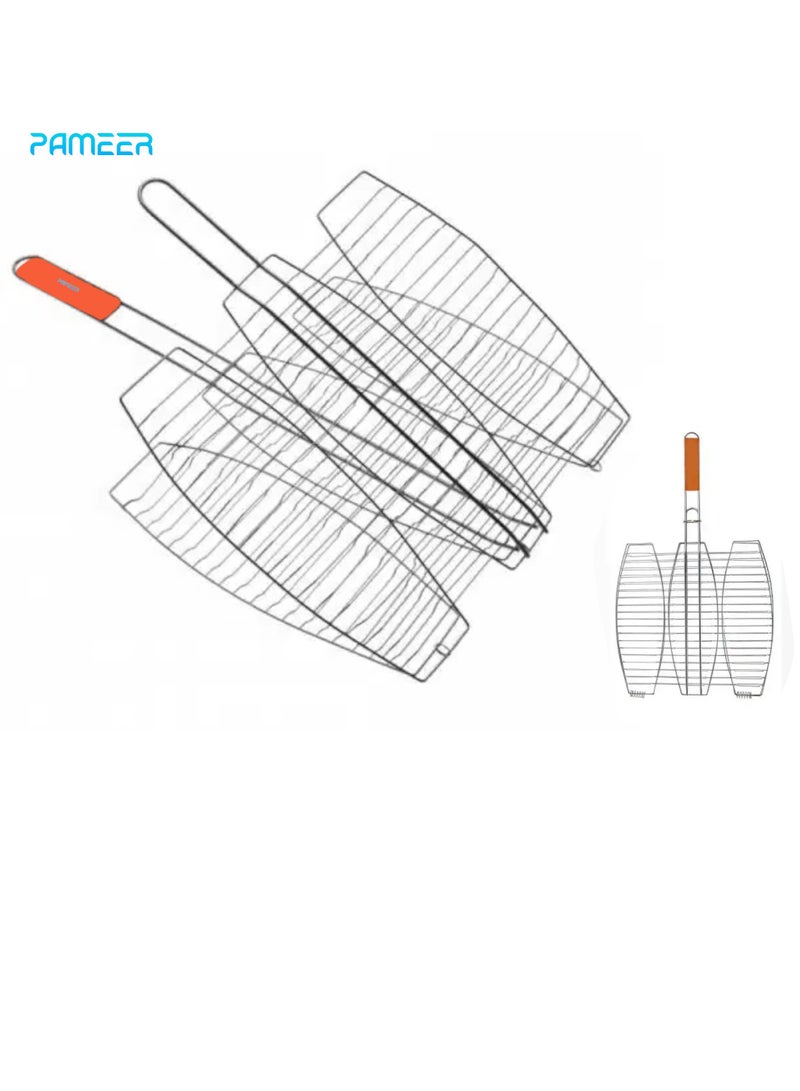 PAMEER Stainless Steel Barbecue Grill Basket with Wooden Handle, Large Folding BBQ Grill for Fish & Vegetables, Lockable Grate, Portable BBQ Grilling Basket, 160in x 16in - Image 1