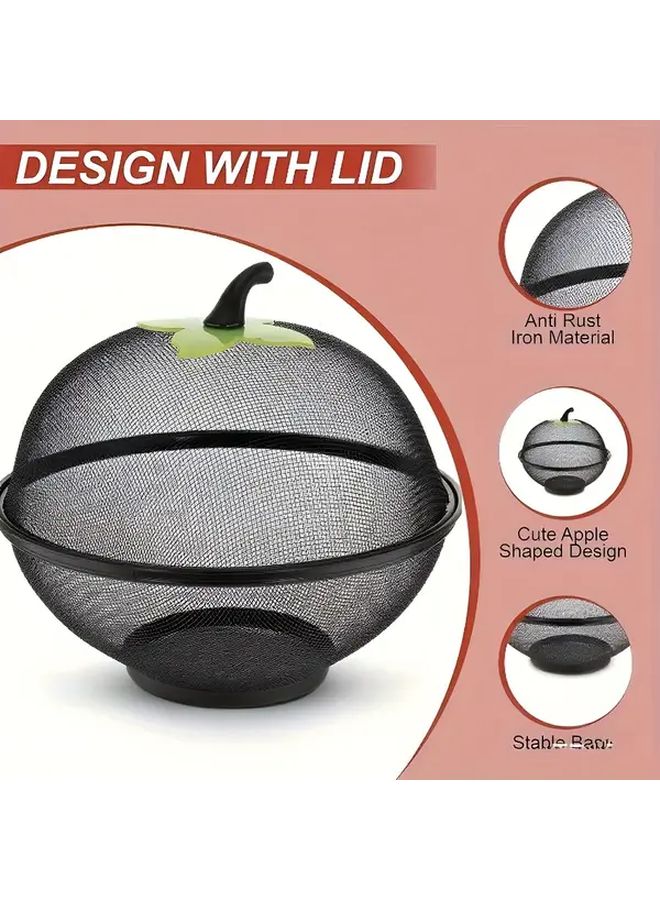 Heavy Duty Metal Fruit Basket With Mesh Lid Large Round Storage Container Ventilation Holes Hanging Hook Rust Resistant Black Kitchen Organizer - Image 4