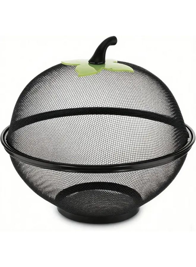 Heavy Duty Metal Fruit Basket With Mesh Lid Large Round Storage Container Ventilation Holes Hanging Hook Rust Resistant Black Kitchen Organizer - Image 1