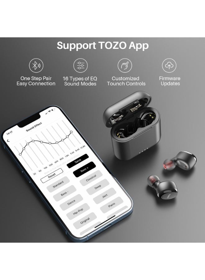 توزو سماعات أذن لاسلكية حقيقية T6S بتقنية البلوتوث، مزودة بخاصية التحكم باللمس مع علبة شحن لاسلكية، مقاومة للماء بمعيار IPX8، سماعات ستيريو داخل الأذن مع ميكروفون مدمج، صوت جهير عميق فائق الجودة، مناسبة للرياضة، باللون الأسود. - Image 3