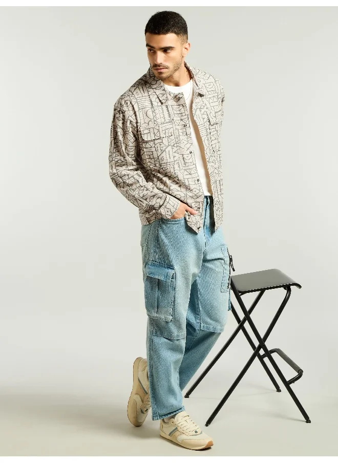 بيونغ Grey and Beige Abstract Print Shacket