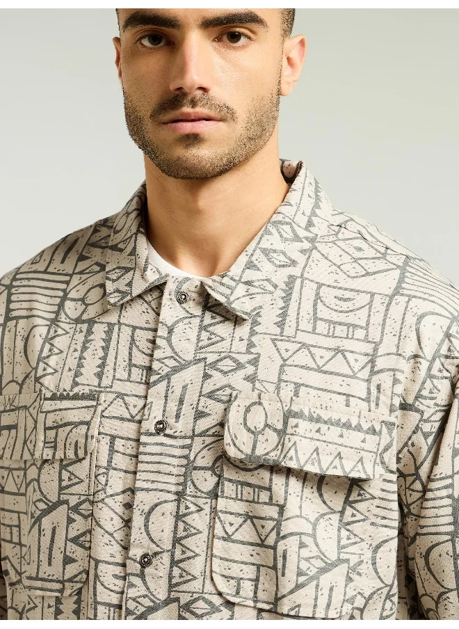 بيونغ Grey and Beige Abstract Print Shacket