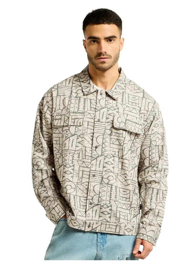 بيونغ Grey and Beige Abstract Print Shacket