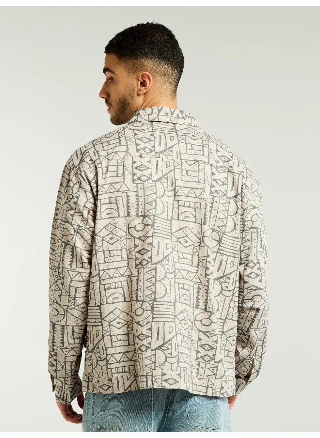 بيونغ Grey and Beige Abstract Print Shacket