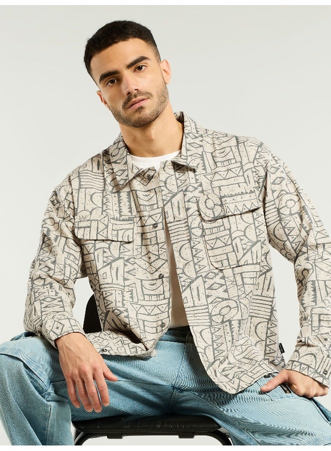 Beyoung Grey and Beige Abstract Print Shacket  - Image 1