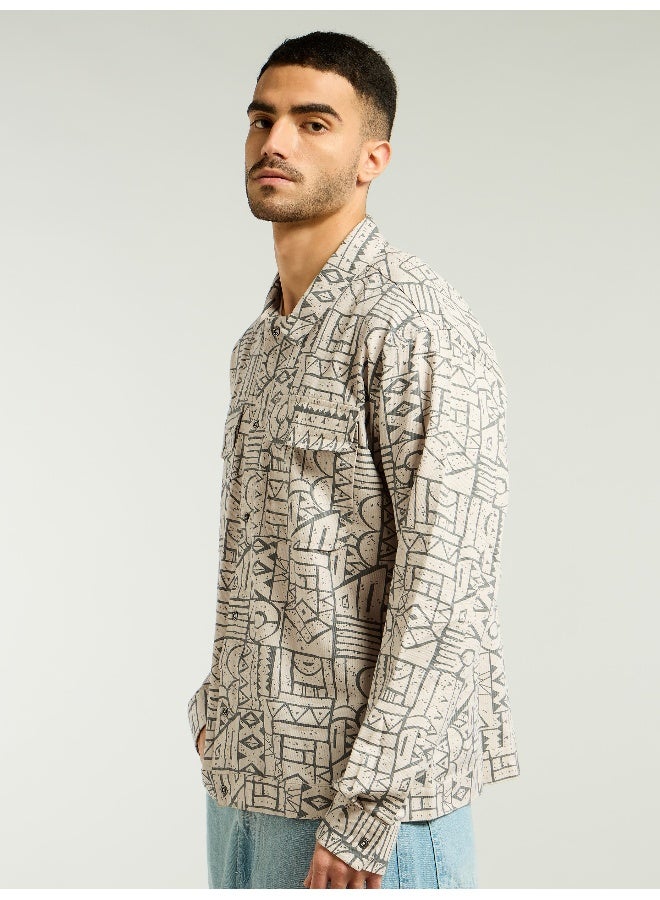 Beyoung Grey and Beige Abstract Print Shacket  - Image 2