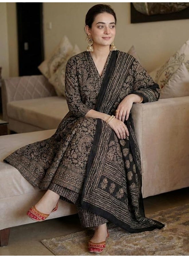 ANNI Designer Women Printed Anarkali Kurta Palazzo Dupatta Set | Viscose Blend Ethnic Outfit | Flared Kurti with Bottom Wear - Image 3