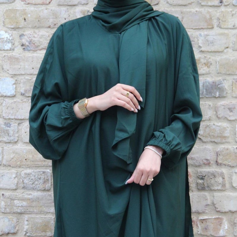 Women's Elegant Breathable Long Sleeve Modest Robe Dress with Hijab - Size 2 Green - Image 3
