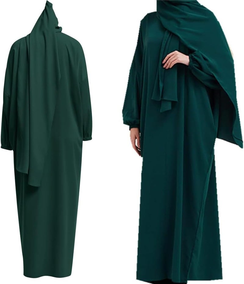Women's Elegant Breathable Long Sleeve Modest Robe Dress with Hijab - Size 2 Green - Image 1