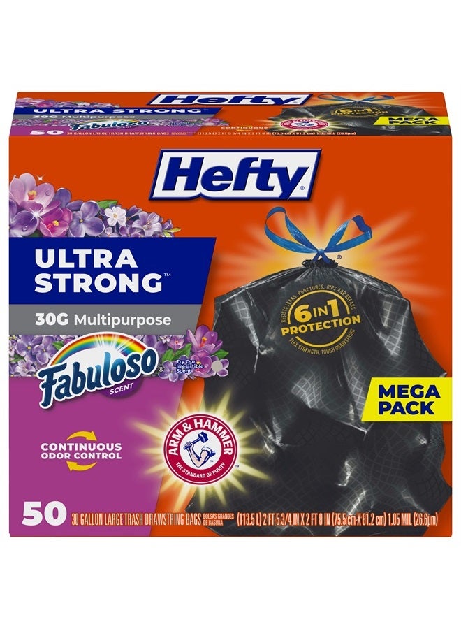 Hefty Ultra Strong Multipurpose Large Trash Bags, Black, Fabuloso Scent, 30 Gallon, 50 Count - Image 1