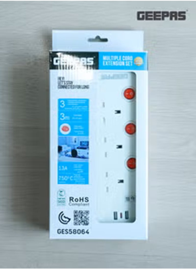 GEEPAS Geepas 3-way Extension Socket with Individual Switches 2 Way USB Ports, with Fire Proof Protection/ 3-meter Cord  - Image 1