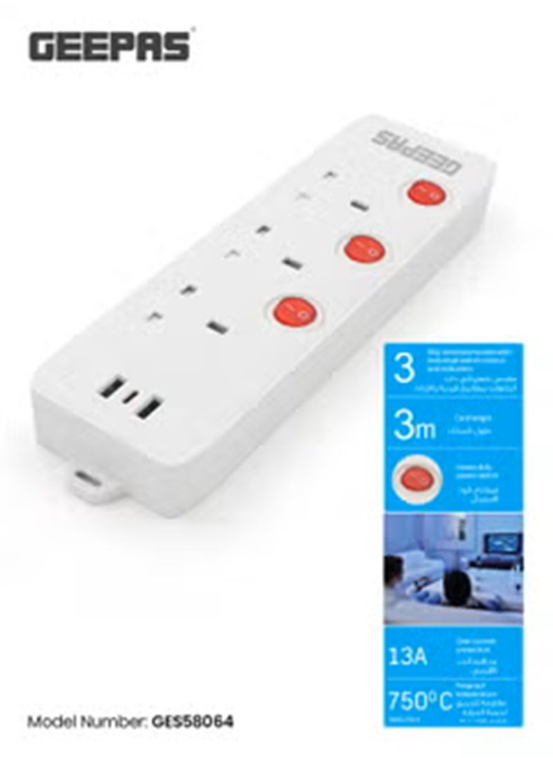 GEEPAS Geepas 3-way Extension Socket with Individual Switches 2 Way USB Ports, with Fire Proof Protection/ 3-meter Cord  - Image 2