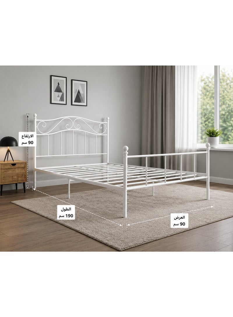 NZONE STORE Single metal bed with a sturdy metal frame, a touch of luxury, and a sophisticated classic design in white, 190*90cm - Image 4