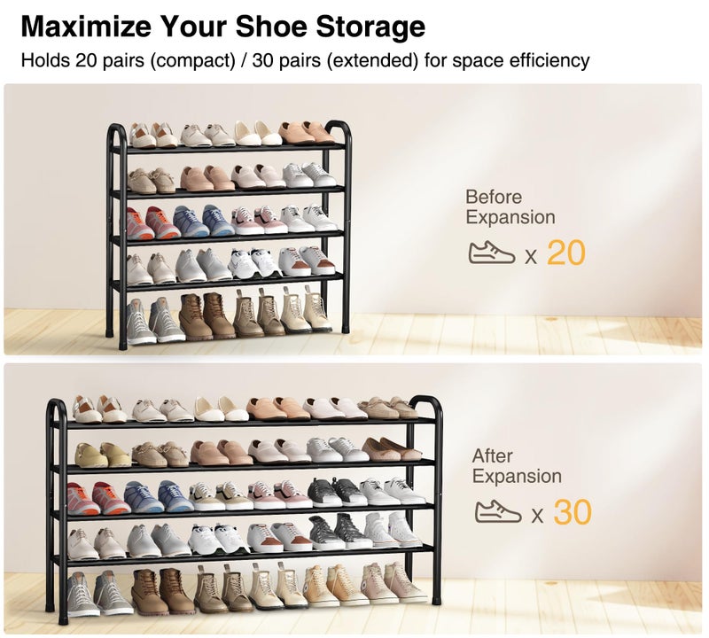 STO STO Long Expandable Shoe Rack 4-Tier, Adjustable Length 33.7â€â€“47.5â€ Shoe Organizer, Metal Shoes Storage Shelf, Holds Up to 30 Pairs, Non-Slip Feet, for Closet, Entryway, Hallway, Front Door, Black - Image 3