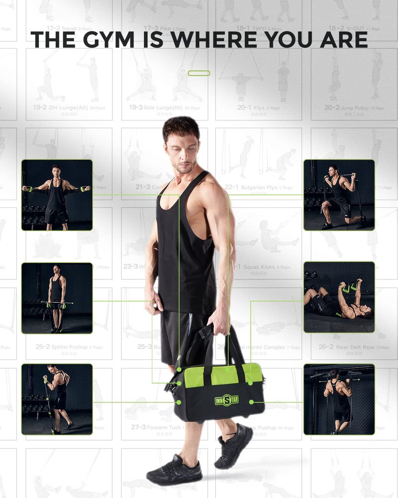 INNSTAR Upgraded Portable Home Gym 5.0, Adjustable Bench Press Resistance Bands with Bar, Full Body Workout System with Detachable Fitness Bar, Handles, Door Anchor for Home, Travel, Gym- Green - Image 2