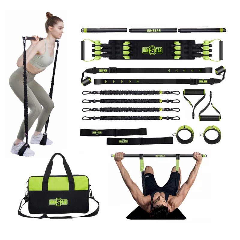 INNSTAR Upgraded Portable Home Gym 5.0, Adjustable Bench Press Resistance Bands with Bar, Full Body Workout System with Detachable Fitness Bar, Handles, Door Anchor for Home, Travel, Gym- Green - Image 1