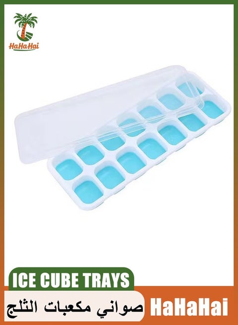 Ice Cube Trays, Easy Release Silicone & Flexible 14 Ice Trays with Removable Spill Resistant Lid, LFGB & BPA Free, Durable Stackable - Blue