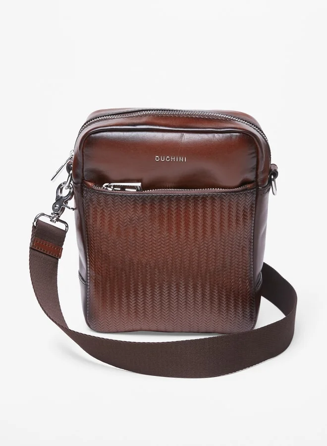 DUCHINI Men's Textured Crossbody Bag with Detachable Strap and Zip Closure