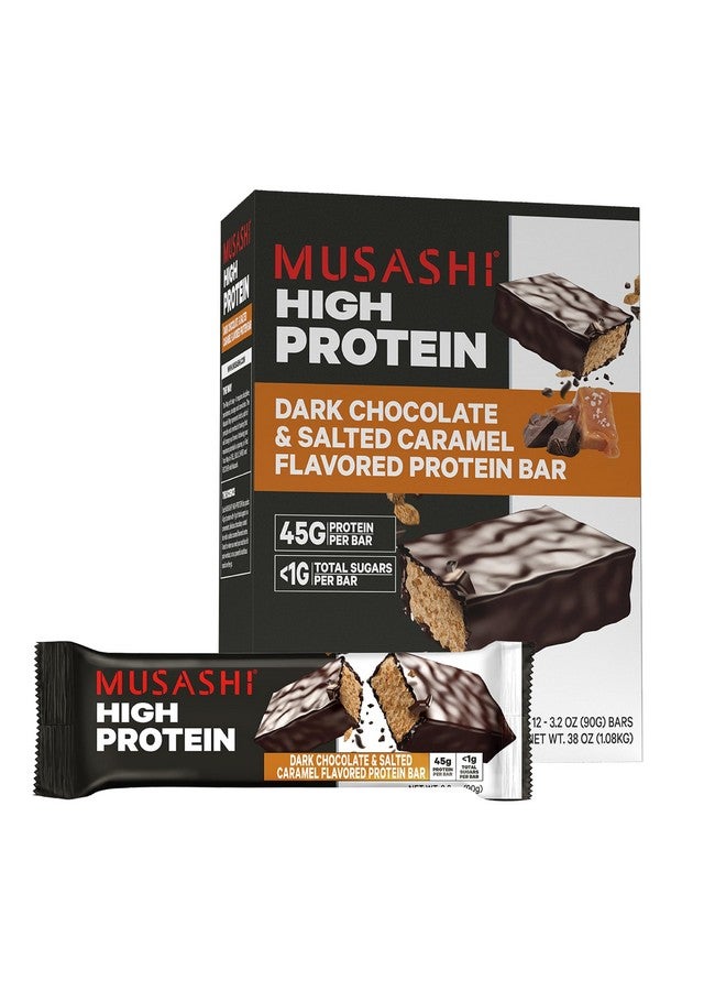 Musashi High Protein Bar, 45G Protein, 1G Total Sugars, Dark Chocolate & Salted Caramel, Post Workout And Protein Snack On The Go, 12 Pack Of 3.2Oz (90G) Bars  - Image 1