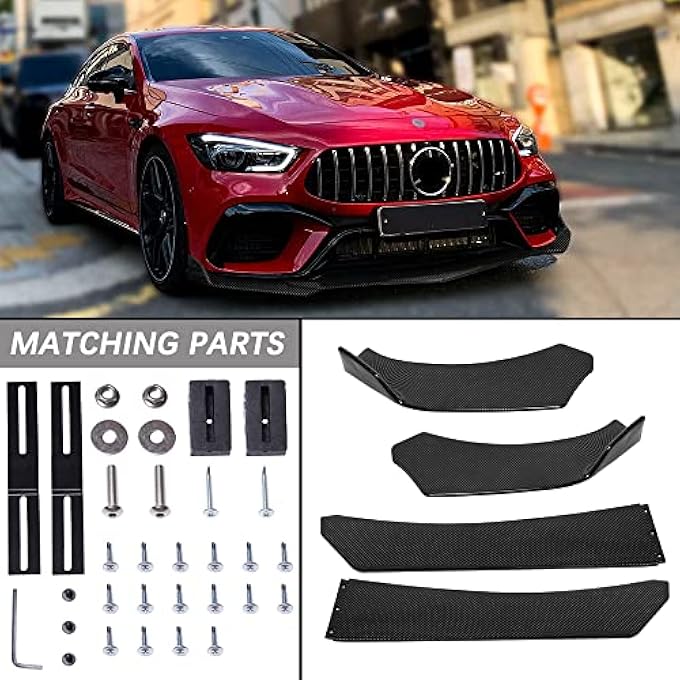 DREAMIZER Universal Front Bumper Lip Strut Rod Spoiler Wing Wide Body Kit Spoiler with Adjustable 8"-11" Support Splitter Rods (Red) - Carbon FiberSharp Corner - Image 4