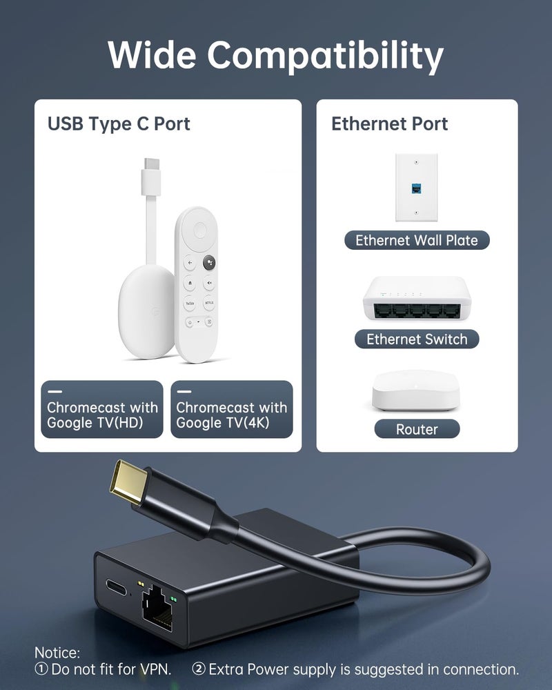 ELECTOP Ethernet Adapter for Chromecast with Google TV, USB Type C to RJ45 Ethernet Network Adapter Compatible with Chromecast HD/4K and More Streaming TV Sticks(Adhesive Tape Included) - Image 2